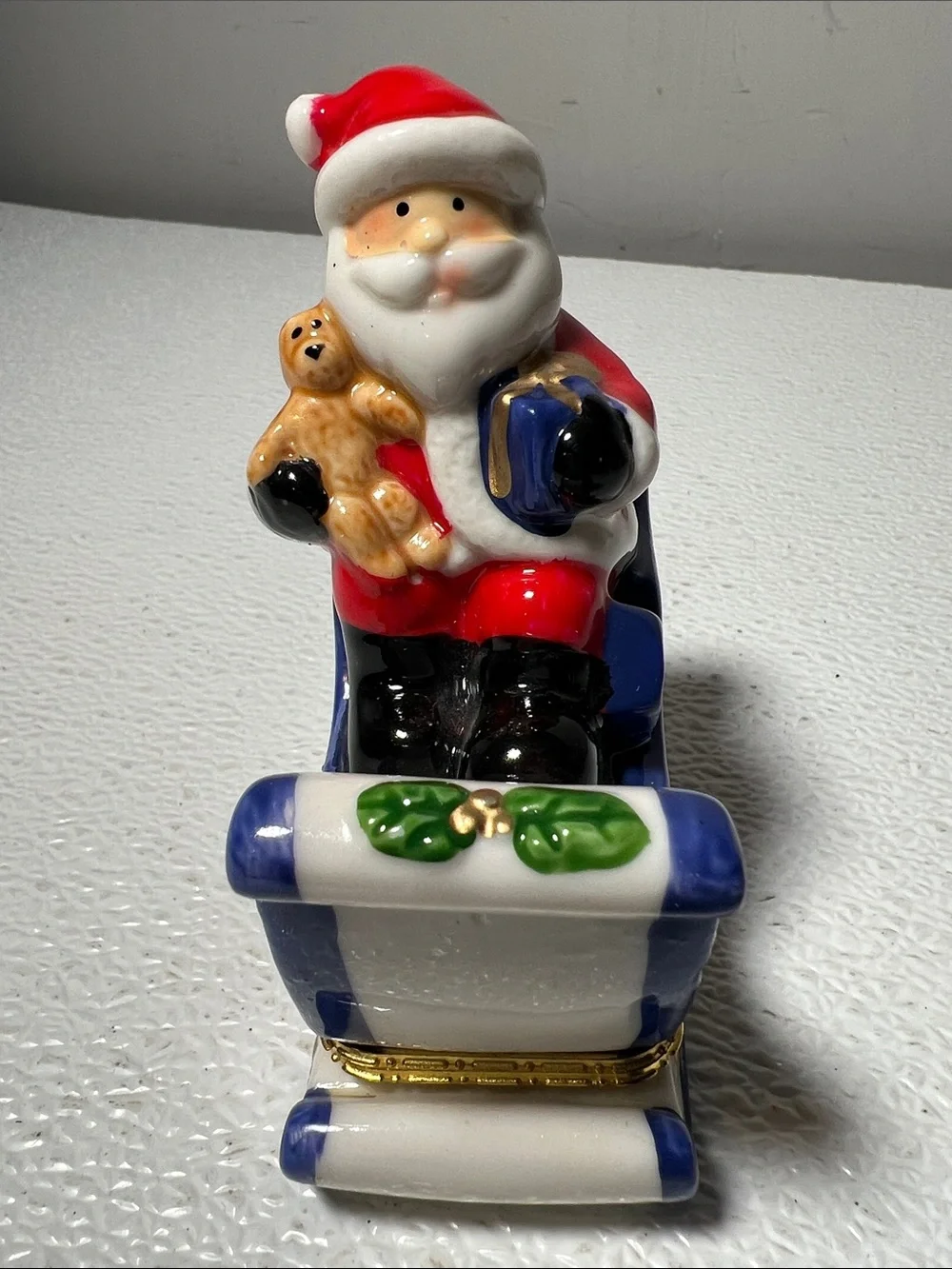 Festive Red Santa in Sleigh Ceramic Figurine Trinket Box